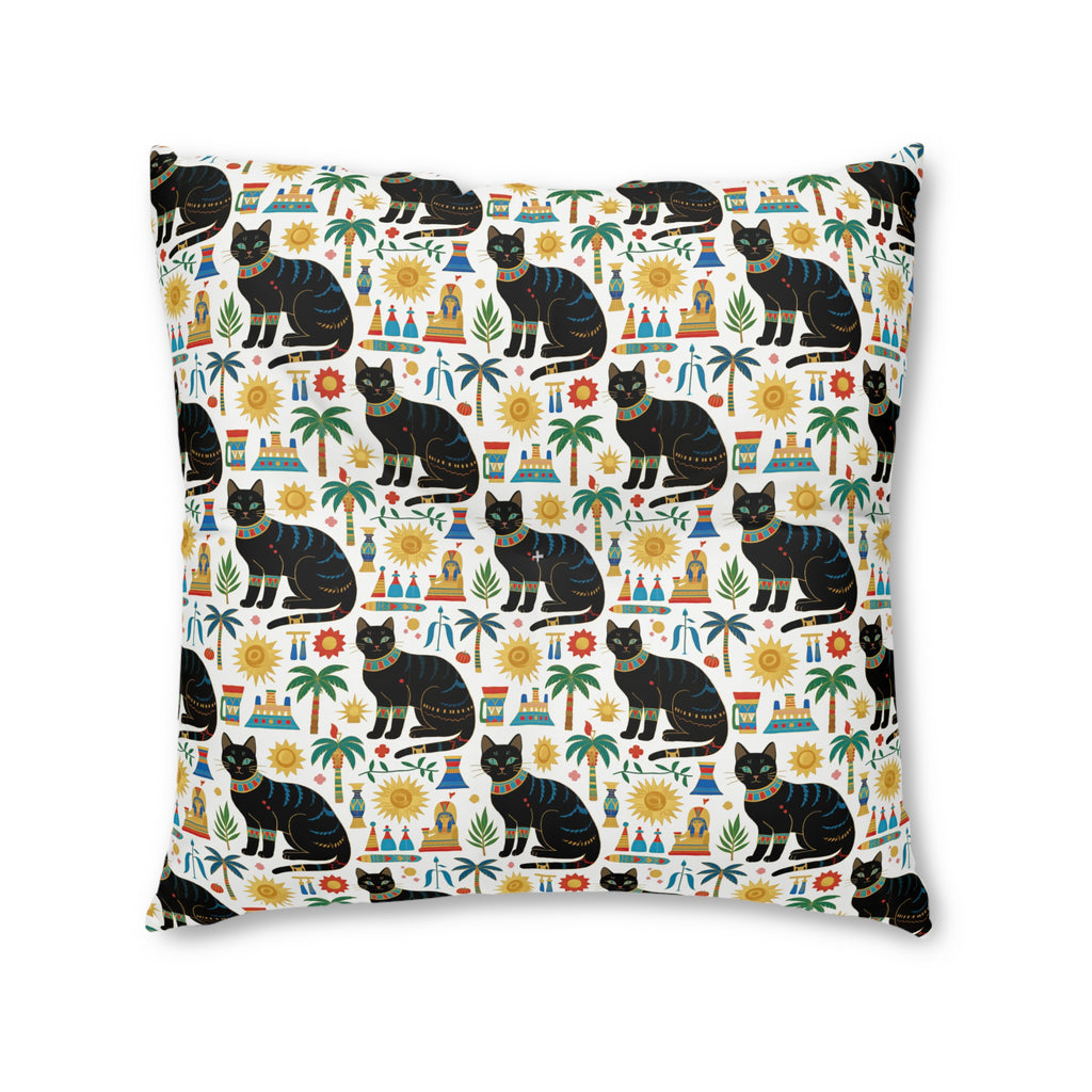 Indoor Square Floor Pillow - Majestic Black Egyptian Cats with Vibrant Adornments and Desert Motifs Create a Striking and Culturally Rich Design