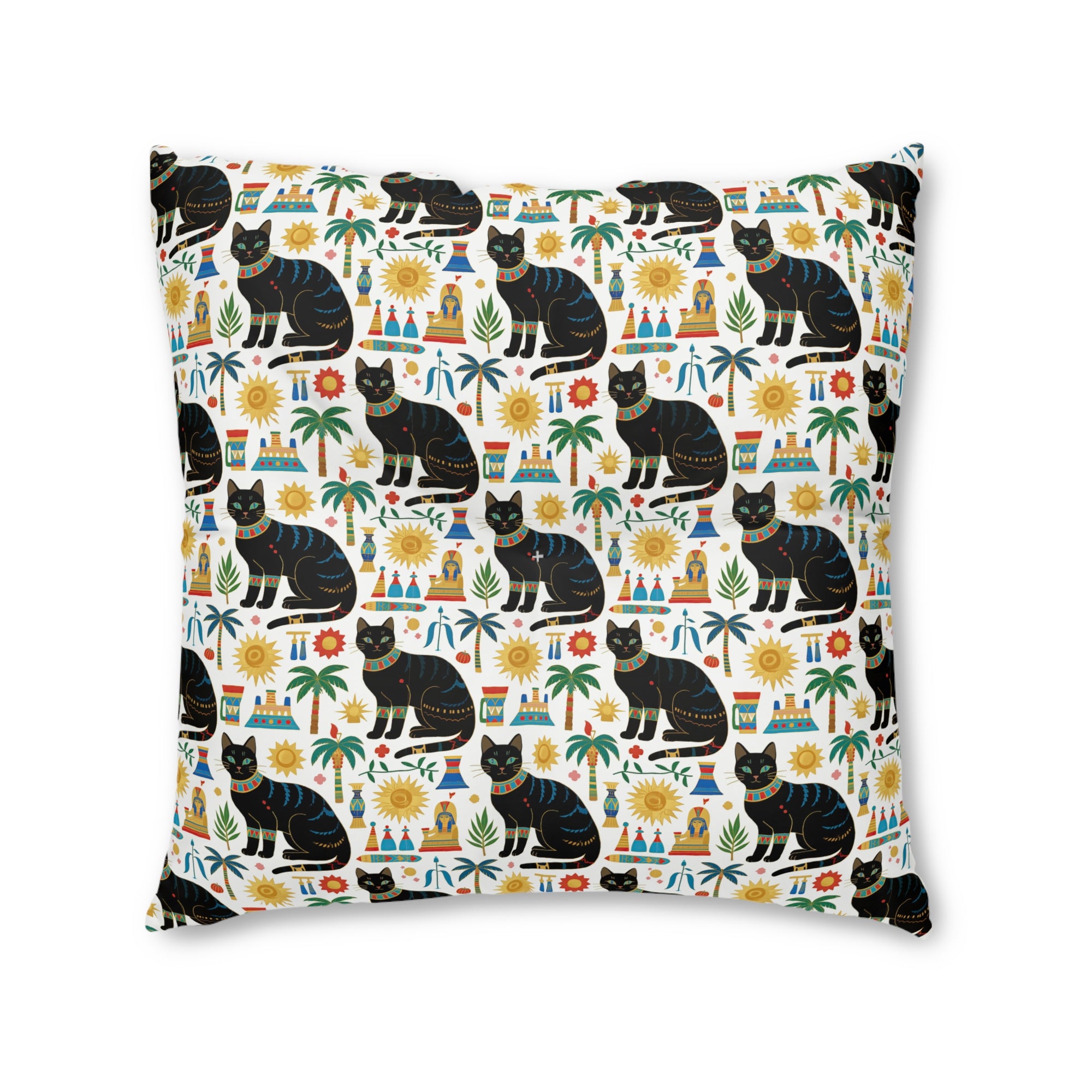 Indoor Square Floor Pillow - Majestic Black Egyptian Cats with Vibrant Adornments and Desert Motifs Create a Striking and Culturally Rich Design