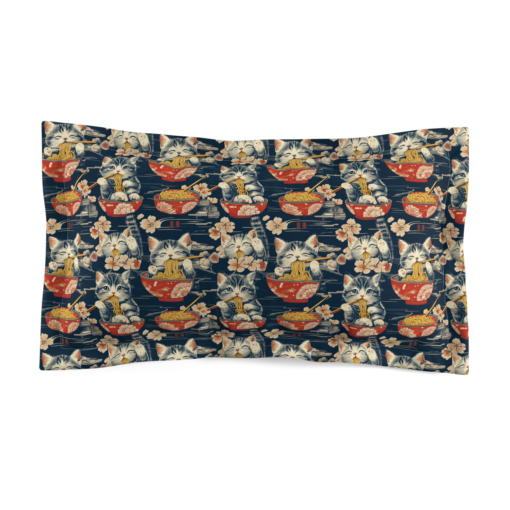 Pillow Sham - A charming and detailed illustration of happy kittens in red ramen bowls eating their noodles with chopsticks among beautiful pink cherry blossoms on a dark background.
