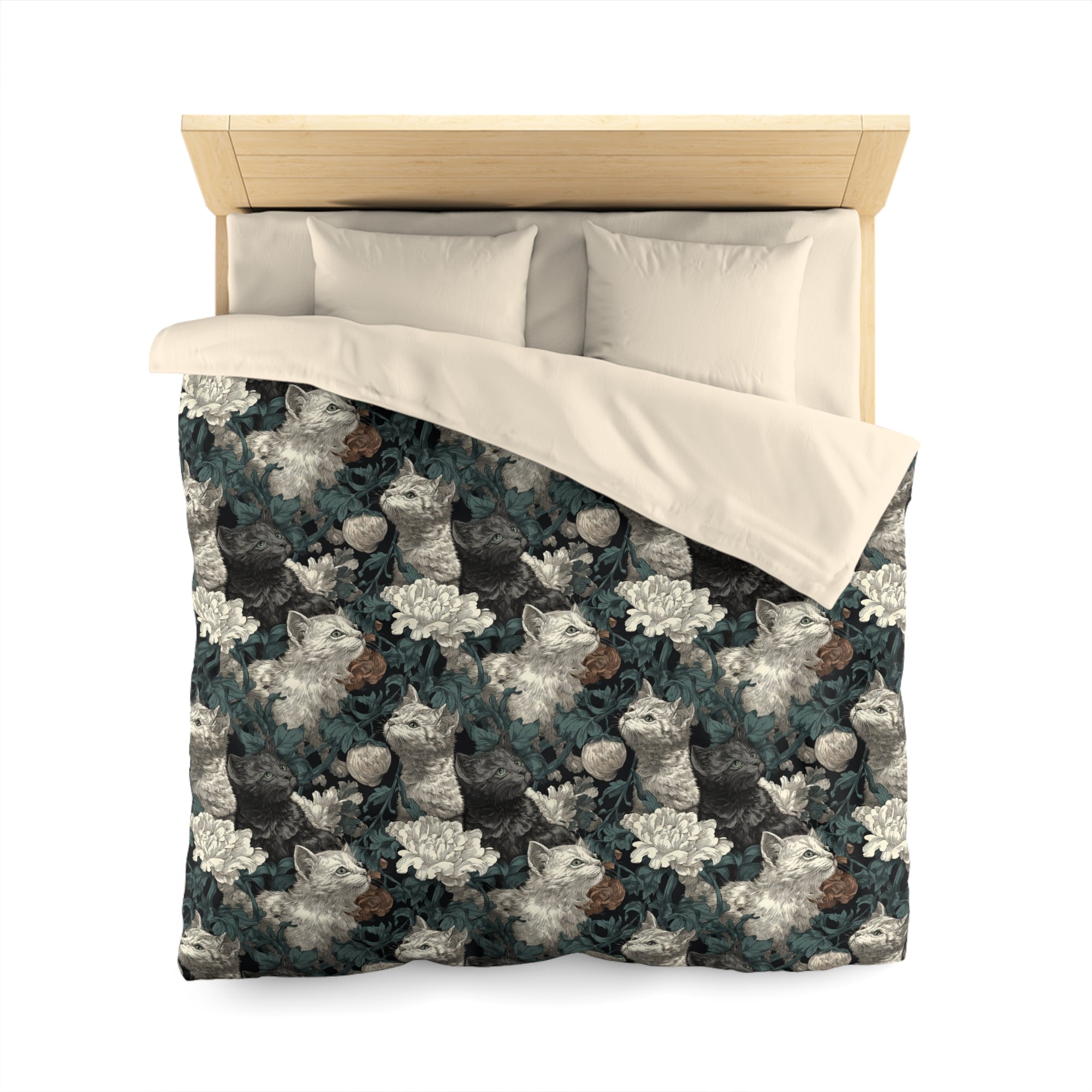 Duvet Cover - Grey and White Kittens with Creamy White Flowers and Dark Green Foliage, Elegant Vintage Vibe