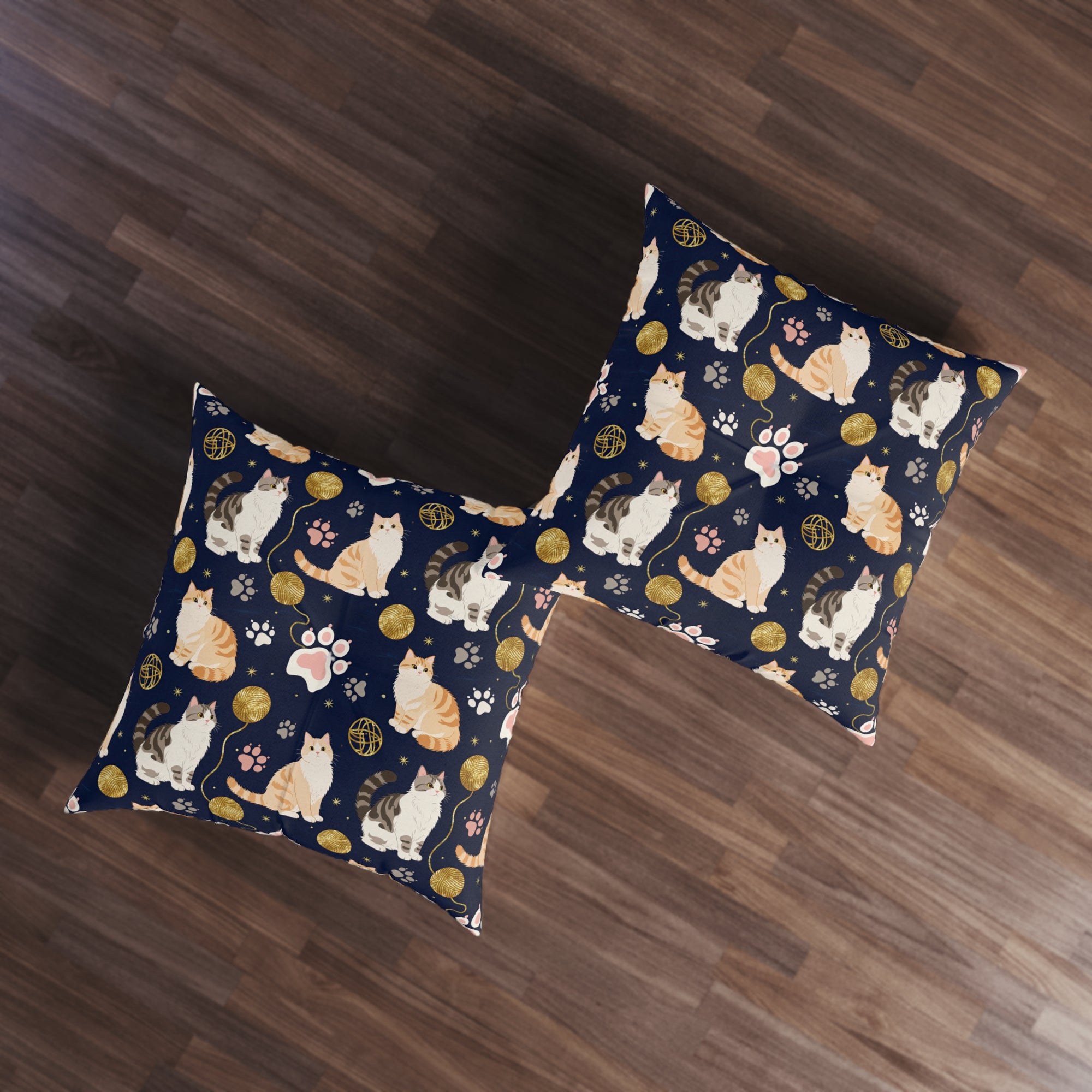 Indoor Square Floor Pillow - Charming cats and golden yarn playful design, cute kittens with paw prints, whimsical animal art for cat lovers, dark blue background, delightful pet themed illustration