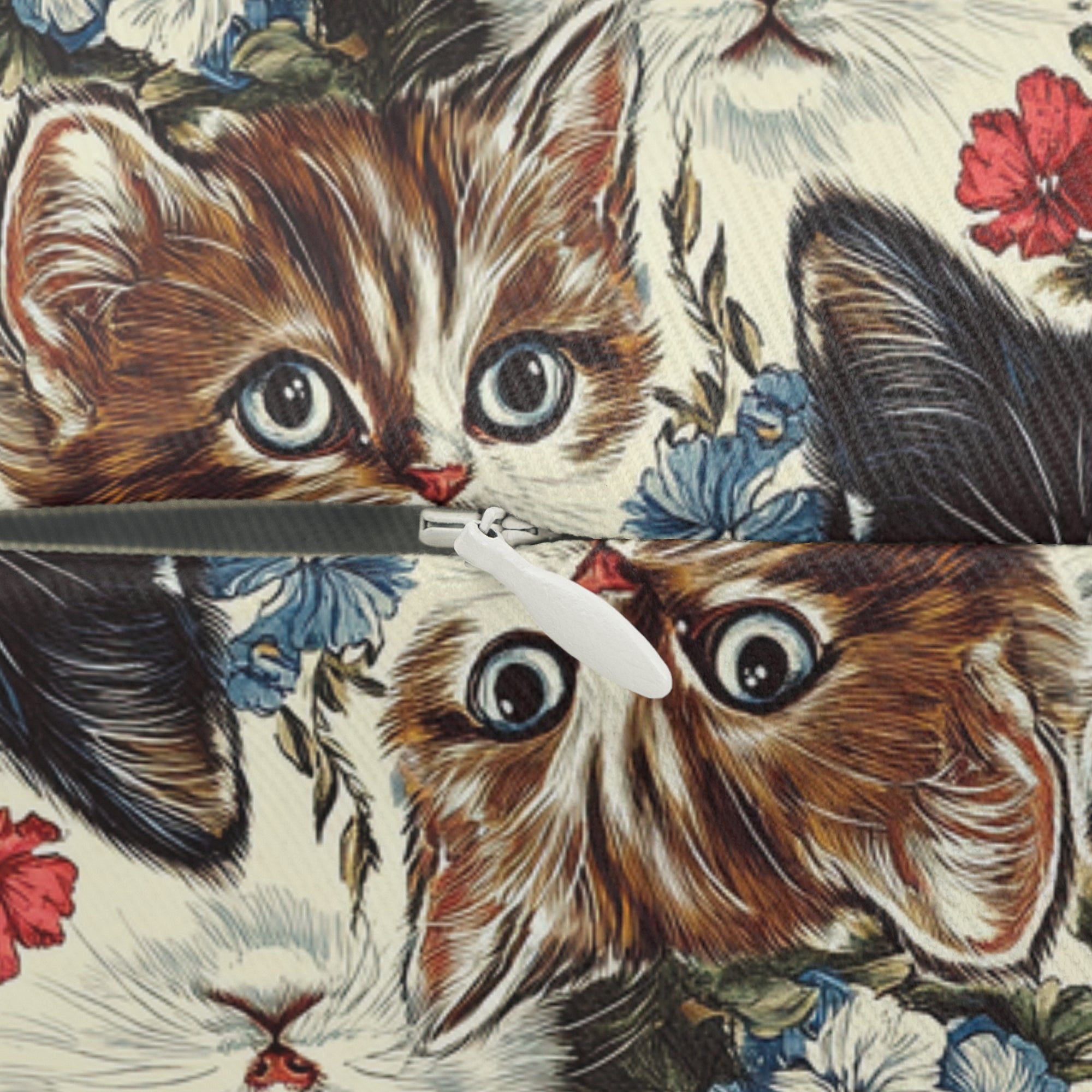 Indoor Lumbar Pillow - Colorful Kitten Faces with Red and Blue Flowers, Whimsical and Bright, Pattern Design