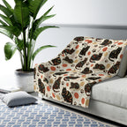 Sherpa Blanket - Intricate tribal patterned black cats, colorful folk art style, playful felines with yarn balls and paw prints, artistic and bohemian cat design, cream background, unique animal print