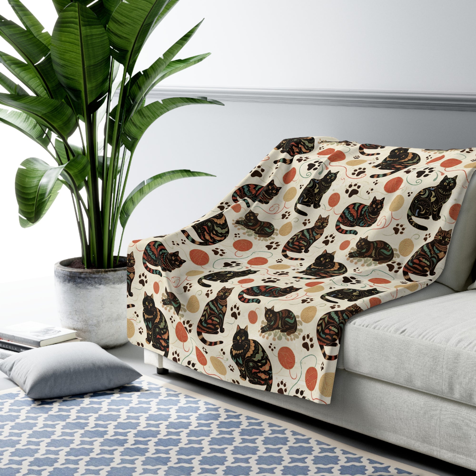Sherpa Blanket - Intricate tribal patterned black cats, colorful folk art style, playful felines with yarn balls and paw prints, artistic and bohemian cat design, cream background, unique animal print