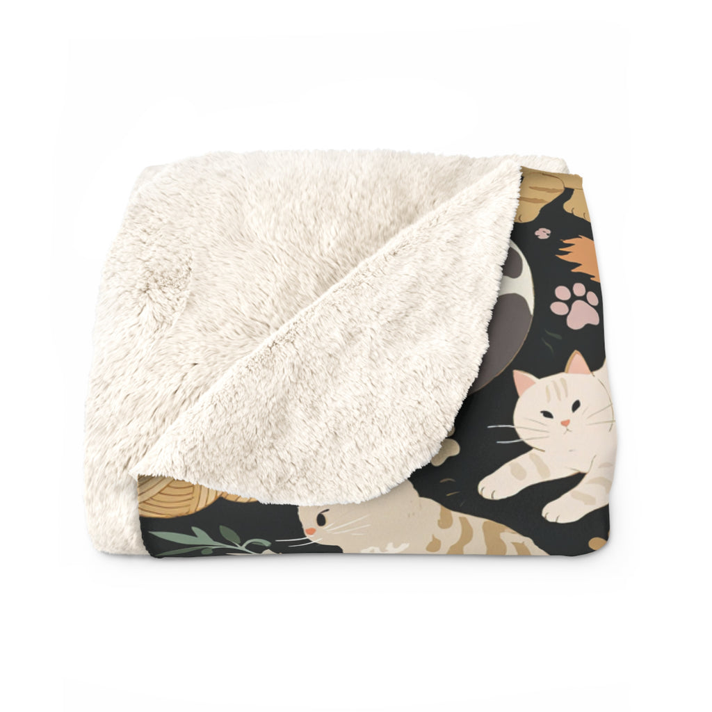 Sherpa Blanket - Diverse cats and kittens in a dark garden, various breeds and colors, soft natural tones with foliage and paw prints, charming animal illustration, dark background, gentle pet themed art