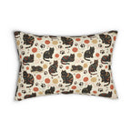 Indoor Lumbar Pillow - Intricate tribal patterned black cats, colorful folk art style, playful felines with yarn balls and paw prints, artistic and bohemian cat design, cream background, unique animal print