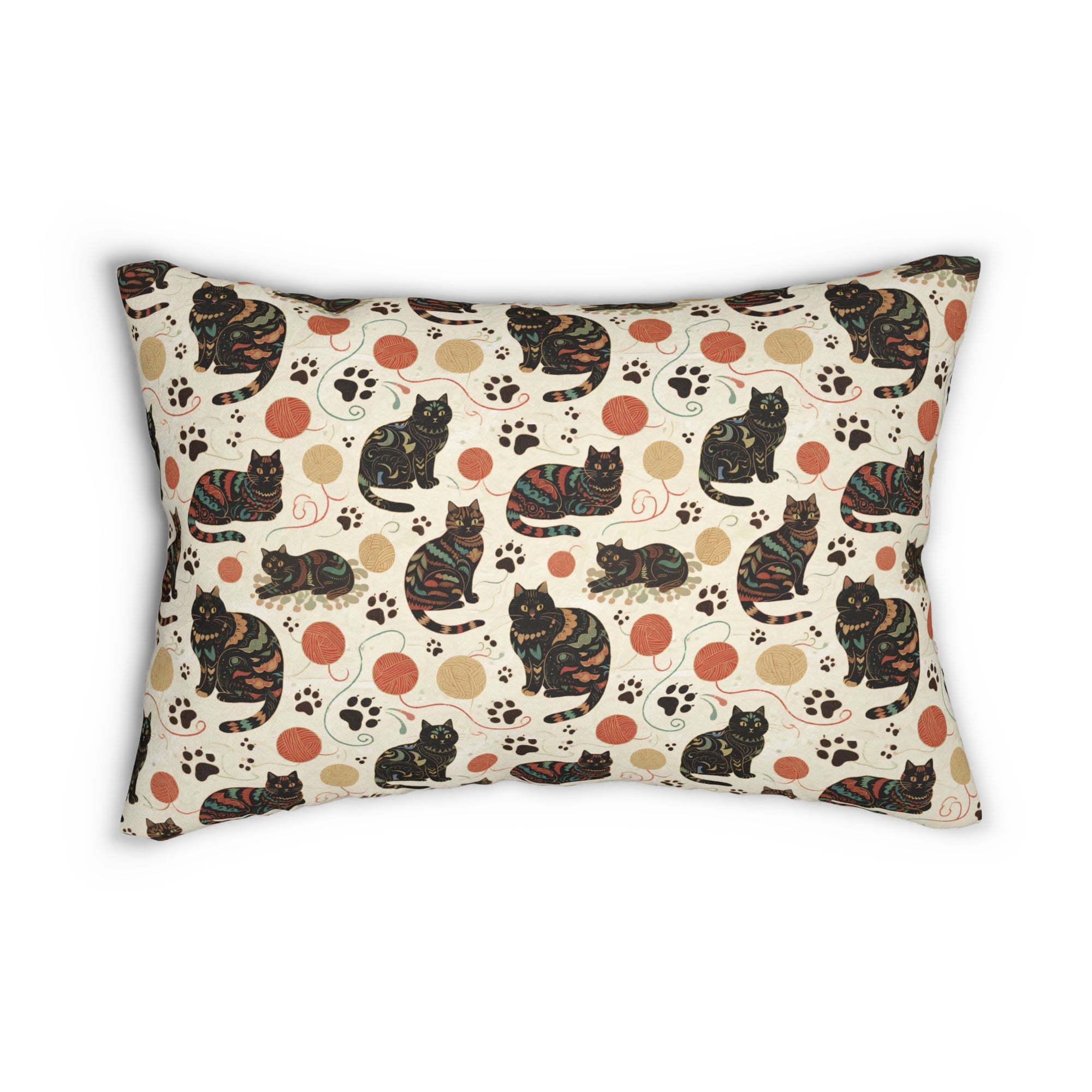 Indoor Lumbar Pillow - Intricate tribal patterned black cats, colorful folk art style, playful felines with yarn balls and paw prints, artistic and bohemian cat design, cream background, unique animal print