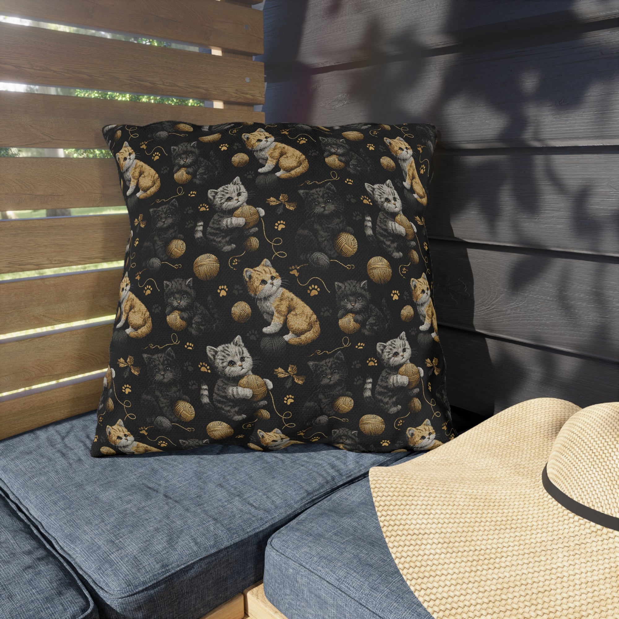 Outdoor Pillow - Assorted Cute Kittens with Colorful Yarn Balls and Paw Prints on a Black Backdrop