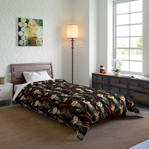 Comforter - A bold and striking Art Deco pattern showcasing stylized feline portraits with sharp, gold lines and geometric shapes set against a dark, dramatic background.