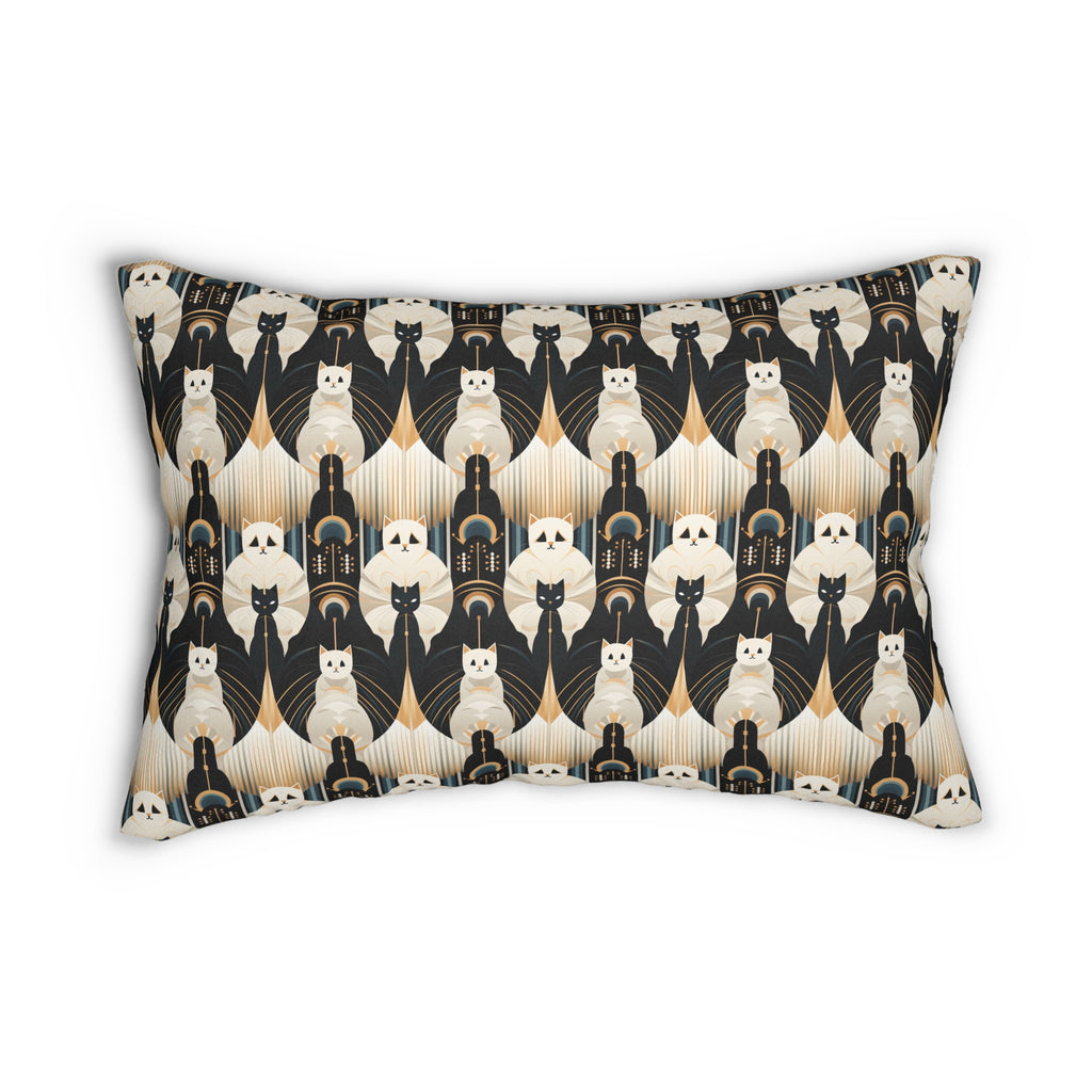 Indoor Lumbar Pillow - An elegant and artistic Art Deco-style pattern featuring streamlined white cats with a striking geometric backdrop of golden and black lines and shapes.