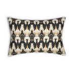 Indoor Lumbar Pillow - An elegant and artistic Art Deco-style pattern featuring streamlined white cats with a striking geometric backdrop of golden and black lines and shapes.
