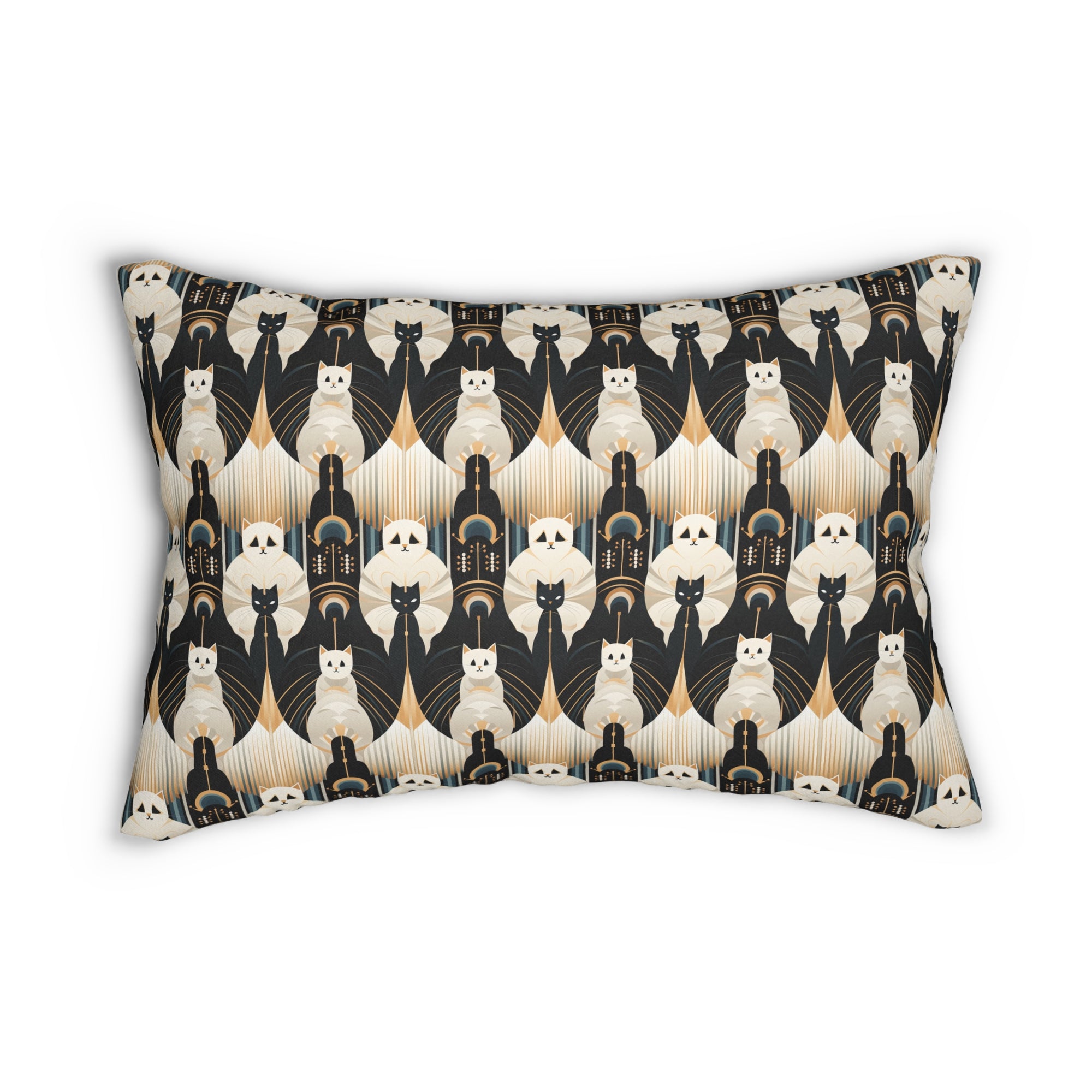 Indoor Lumbar Pillow - An elegant and artistic Art Deco-style pattern featuring streamlined white cats with a striking geometric backdrop of golden and black lines and shapes.
