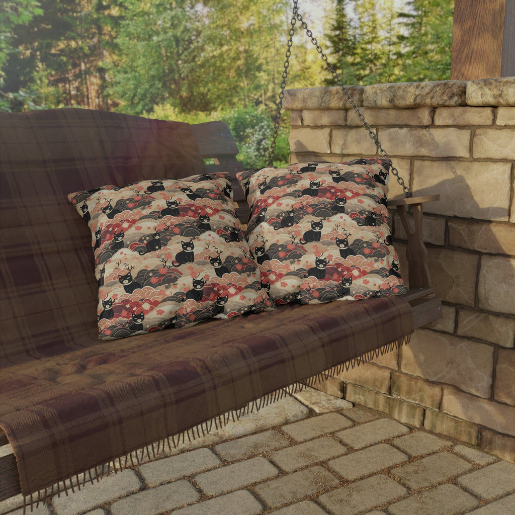 Outdoor Pillow - A whimsical and enchanting Japanese-style pattern featuring cute black and orange cats nestled among vibrant orange blossoms and soft, cloudy backgrounds.