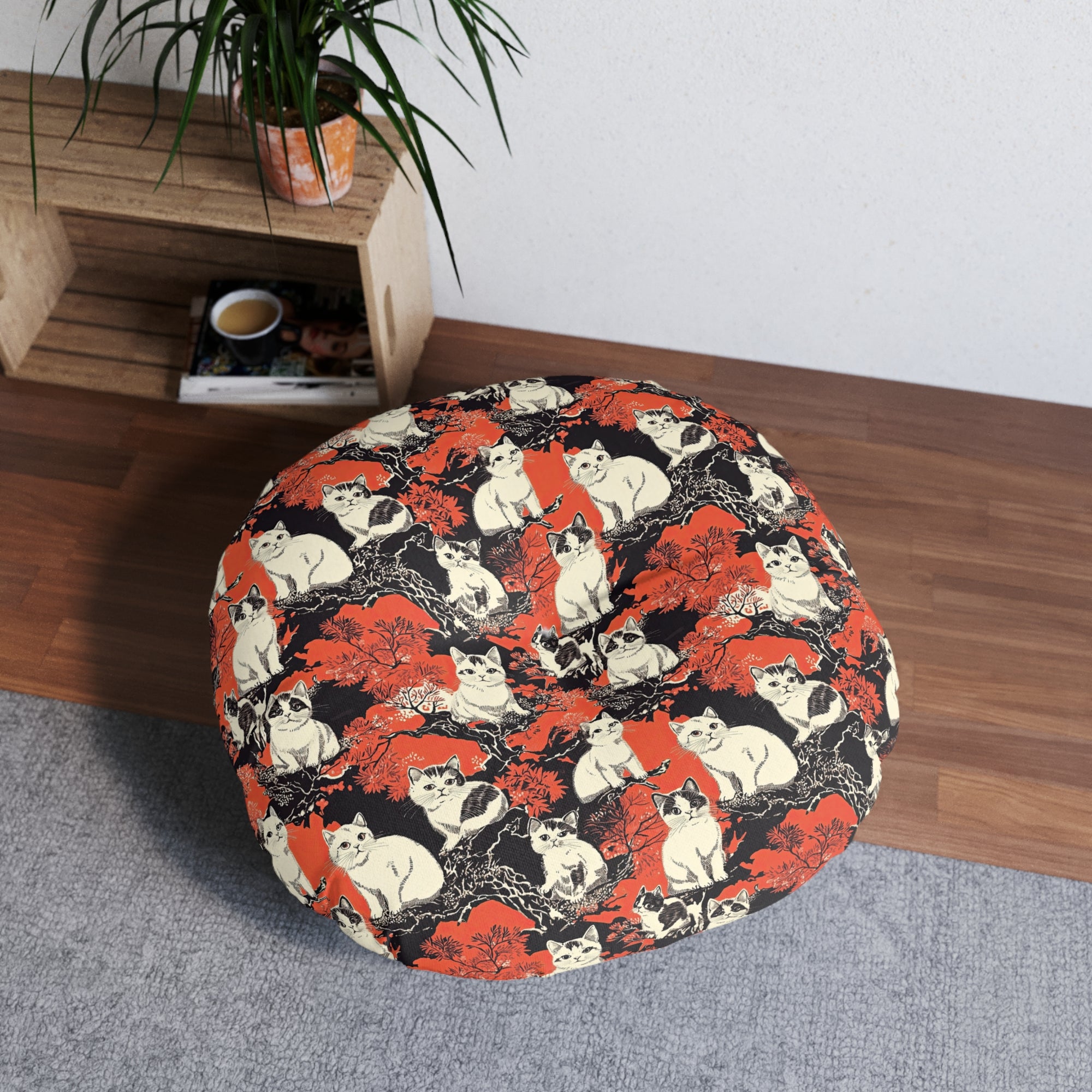 Indoor Round Floor Pillow - A striking black-and-white illustration with red accents of charming cats perched on the branches of trees in a beautiful Japanese woodblock print style.