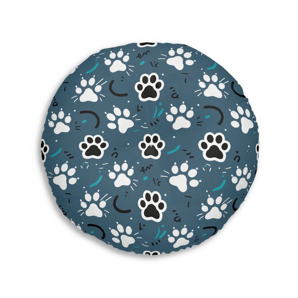 Indoor Round Floor Pillow - Vibrant boho chic cats and mandalas, colorful folk art style, playful felines with yarn and paw prints, artistic and bohemian cat design, cream background, unique animal print