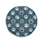 Indoor Round Floor Pillow - Vibrant boho chic cats and mandalas, colorful folk art style, playful felines with yarn and paw prints, artistic and bohemian cat design, cream background, unique animal print