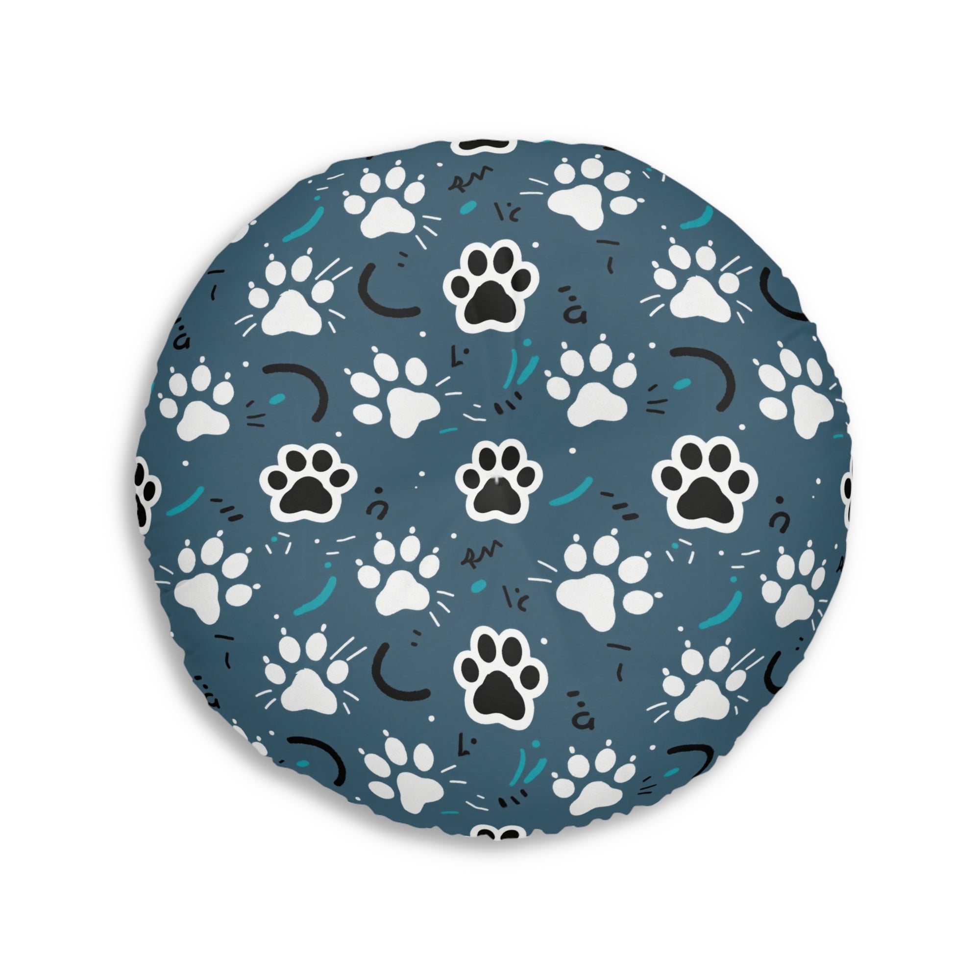 Indoor Round Floor Pillow - Vibrant boho chic cats and mandalas, colorful folk art style, playful felines with yarn and paw prints, artistic and bohemian cat design, cream background, unique animal print