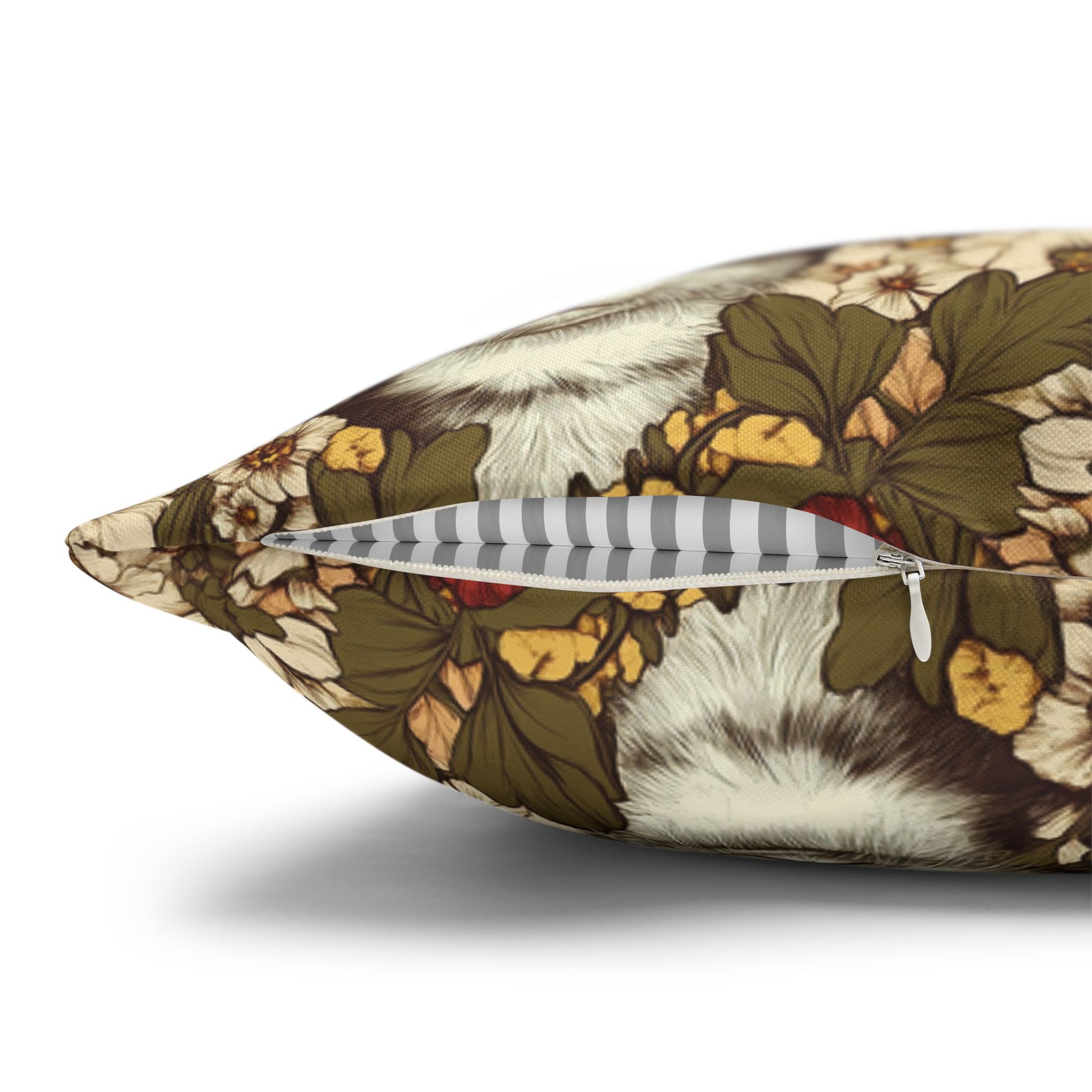 Square Pillowcase - Grey Tabby Kittens in a Garden of Red, Peach, and Yellow Flowers, Soft Vintage Style