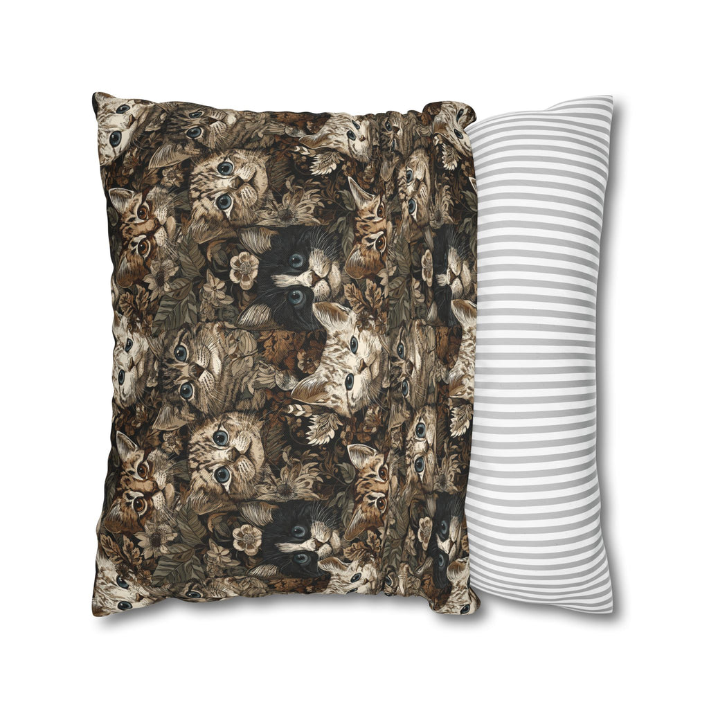 Square Pillowcase - An intricate and detailed vintage illustration featuring a close-up of various fluffy cats with bright eyes amidst lush, ornate floral foliage in sepia tones.