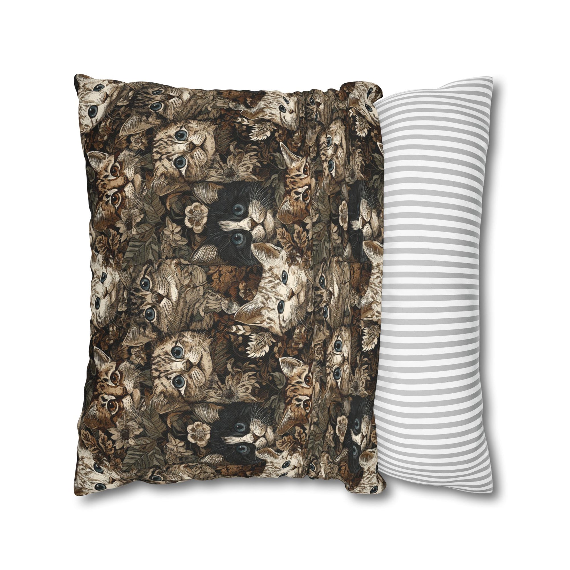Square Pillowcase - An intricate and detailed vintage illustration featuring a close-up of various fluffy cats with bright eyes amidst lush, ornate floral foliage in sepia tones.