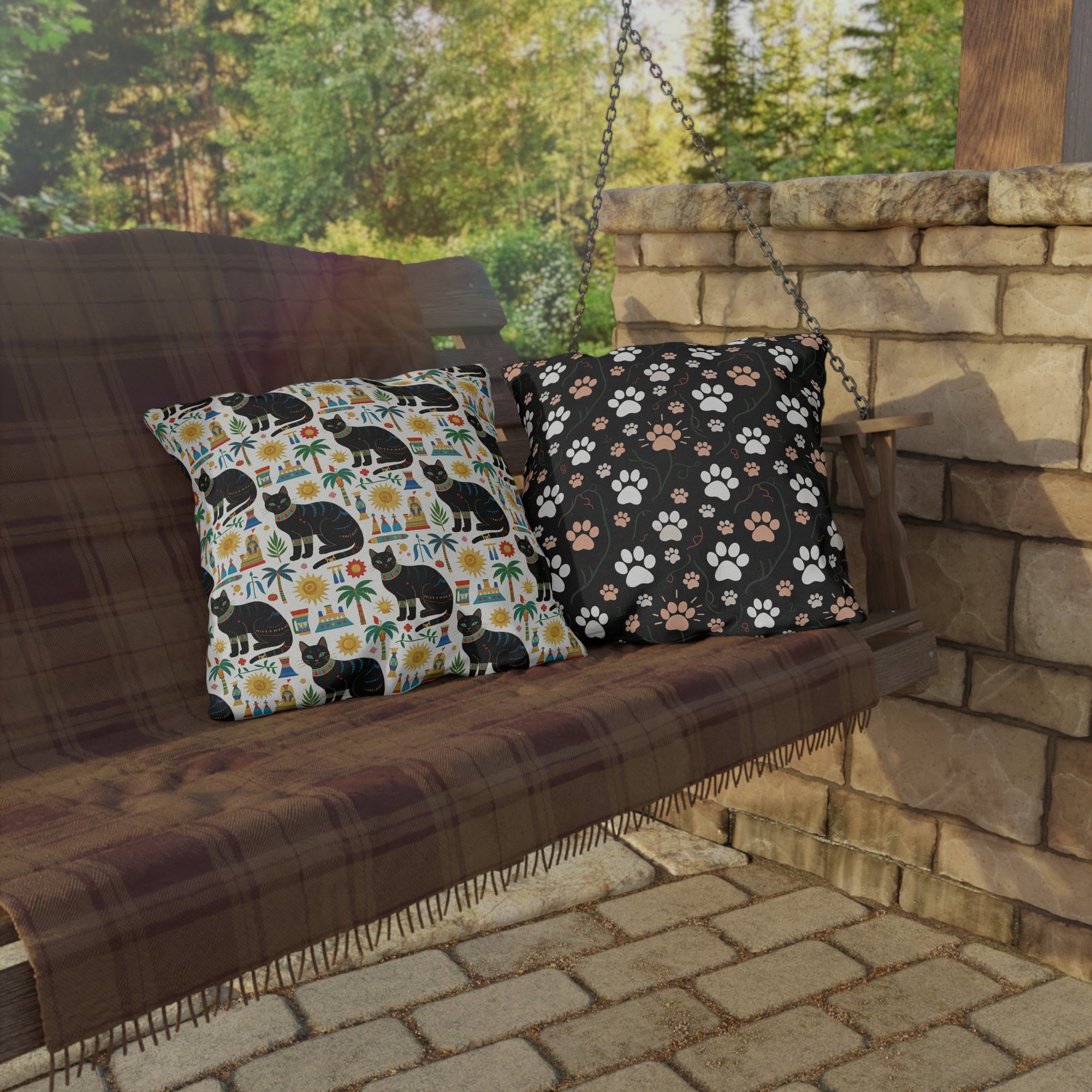 Outdoor Pillow - Majestic Black Egyptian Cats with Vibrant Adornments and Desert Motifs Create a Striking and Culturally Rich Design