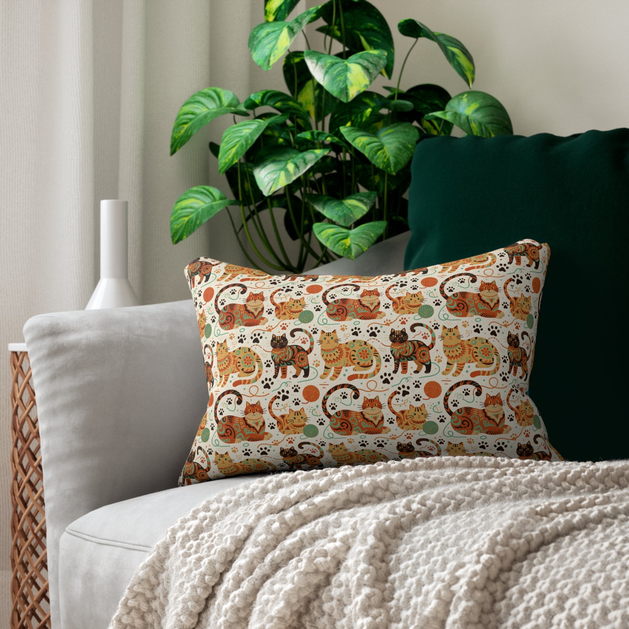 Indoor Lumbar Pillow - Colorful folk art patterned cats, vibrant orange and teal hues, playful felines with yarn and paw prints, bohemian animal illustration, cream background, artistic and cheerful design