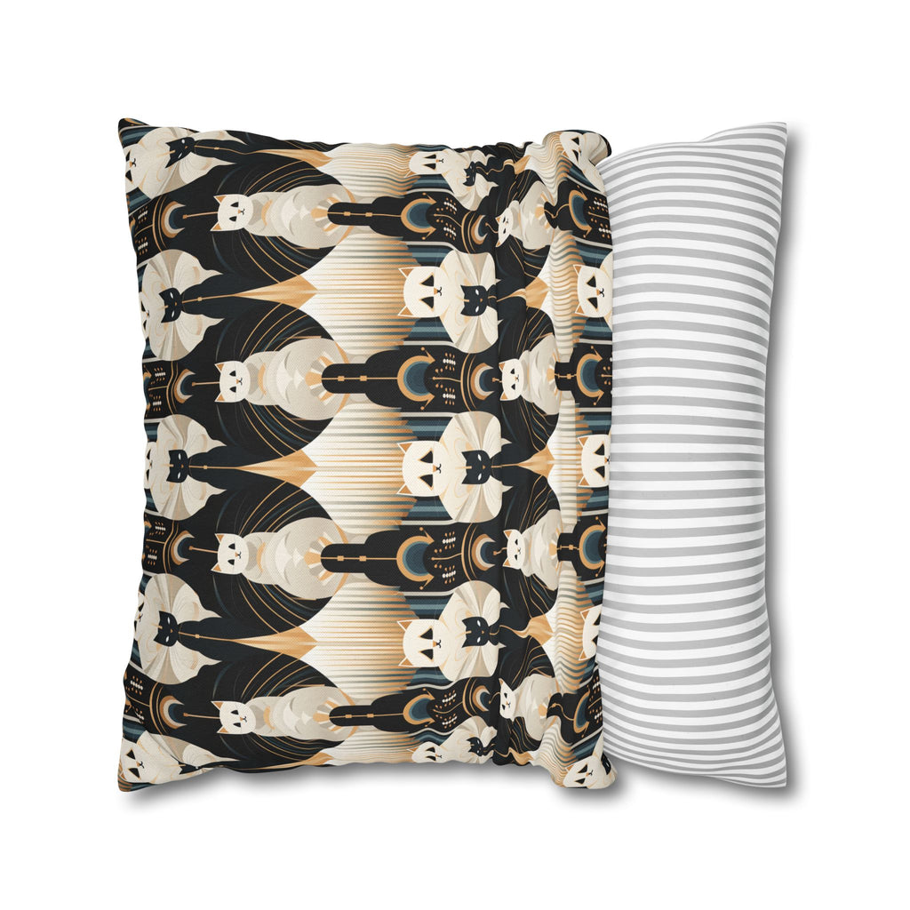 Square Pillowcase - An elegant and artistic Art Deco-style pattern featuring streamlined white cats with a striking geometric backdrop of golden and black lines and shapes.
