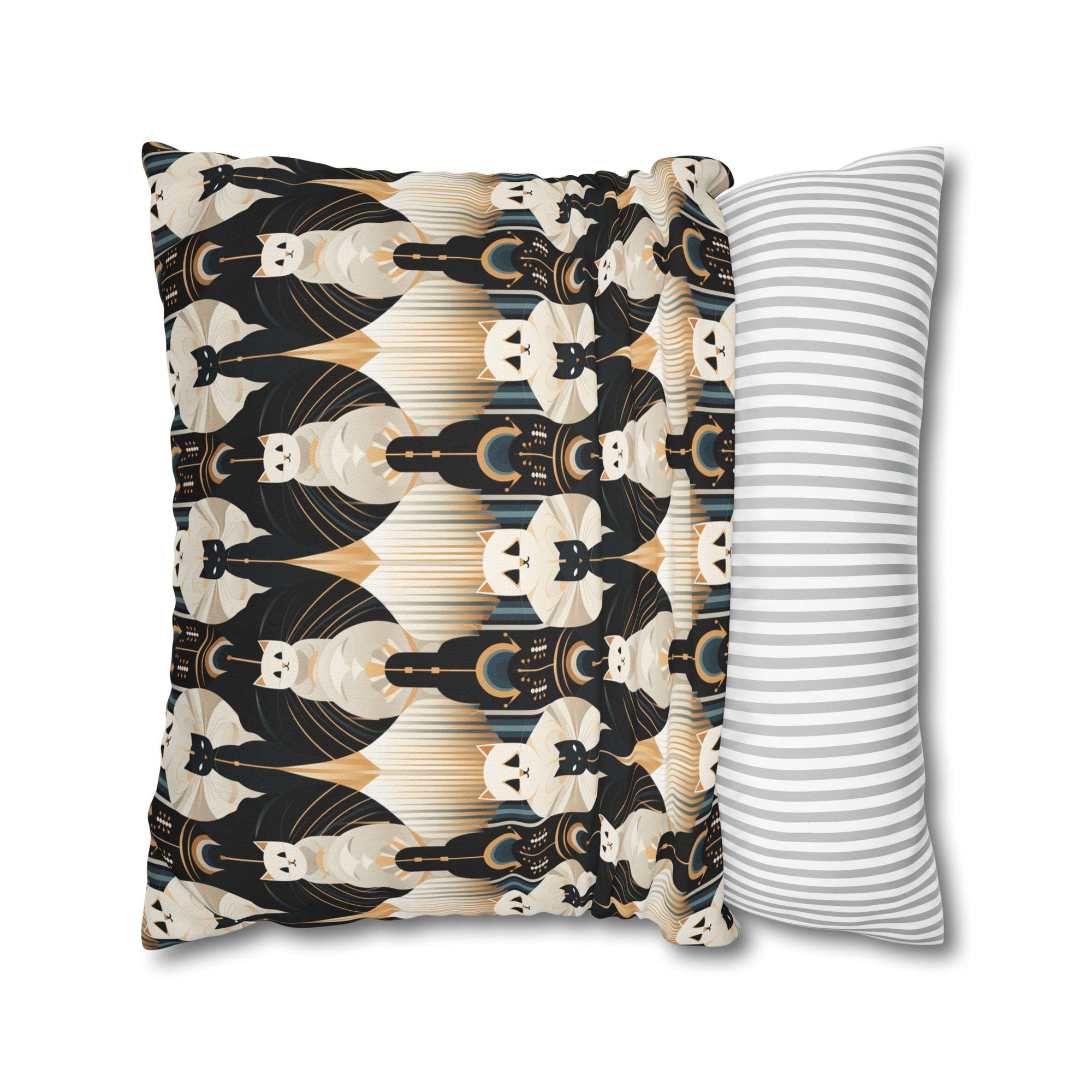Square Pillowcase - An elegant and artistic Art Deco-style pattern featuring streamlined white cats with a striking geometric backdrop of golden and black lines and shapes.