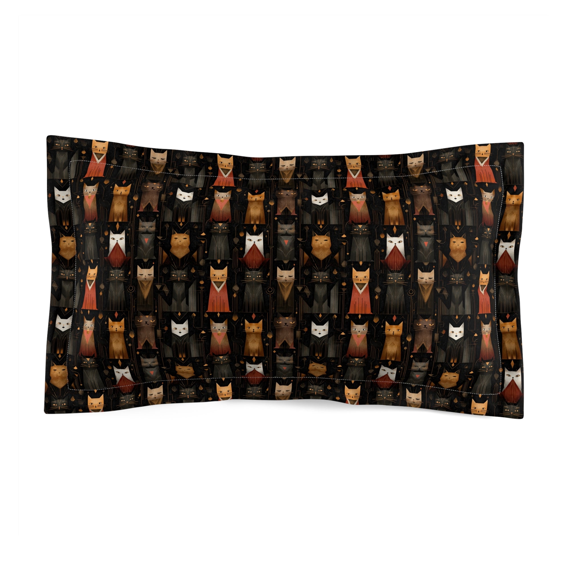 Pillow Sham - A striking and sophisticated Art Deco-style pattern of felines with bold, intricate lines and dramatic geometric shapes, all rendered in a unique gold and gray color palette.