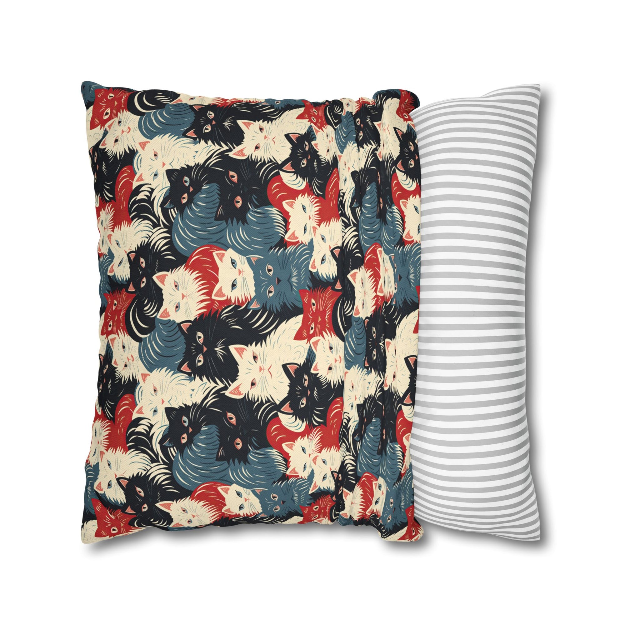 Square Pillowcase - A bold and graphic pop art style illustration featuring a tight-knit cluster of various fluffy felines in black, white, red, and blue.