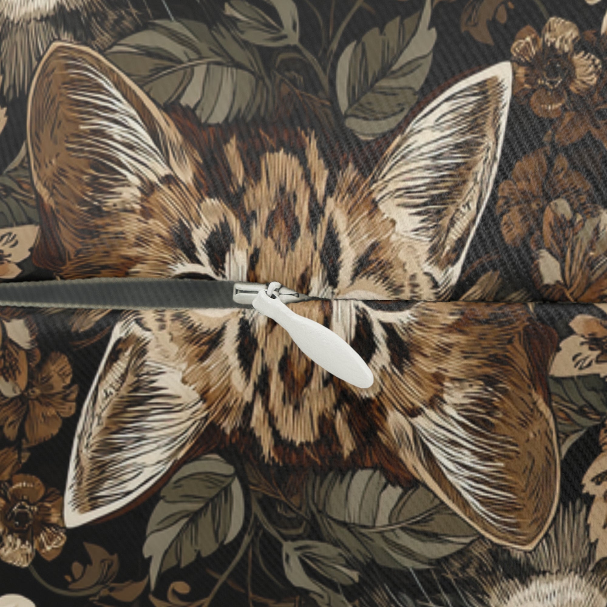 Indoor Lumbar Pillow - An intricate and detailed vintage illustration featuring a close-up of various fluffy cats with bright eyes amidst lush, ornate floral foliage in sepia tones.