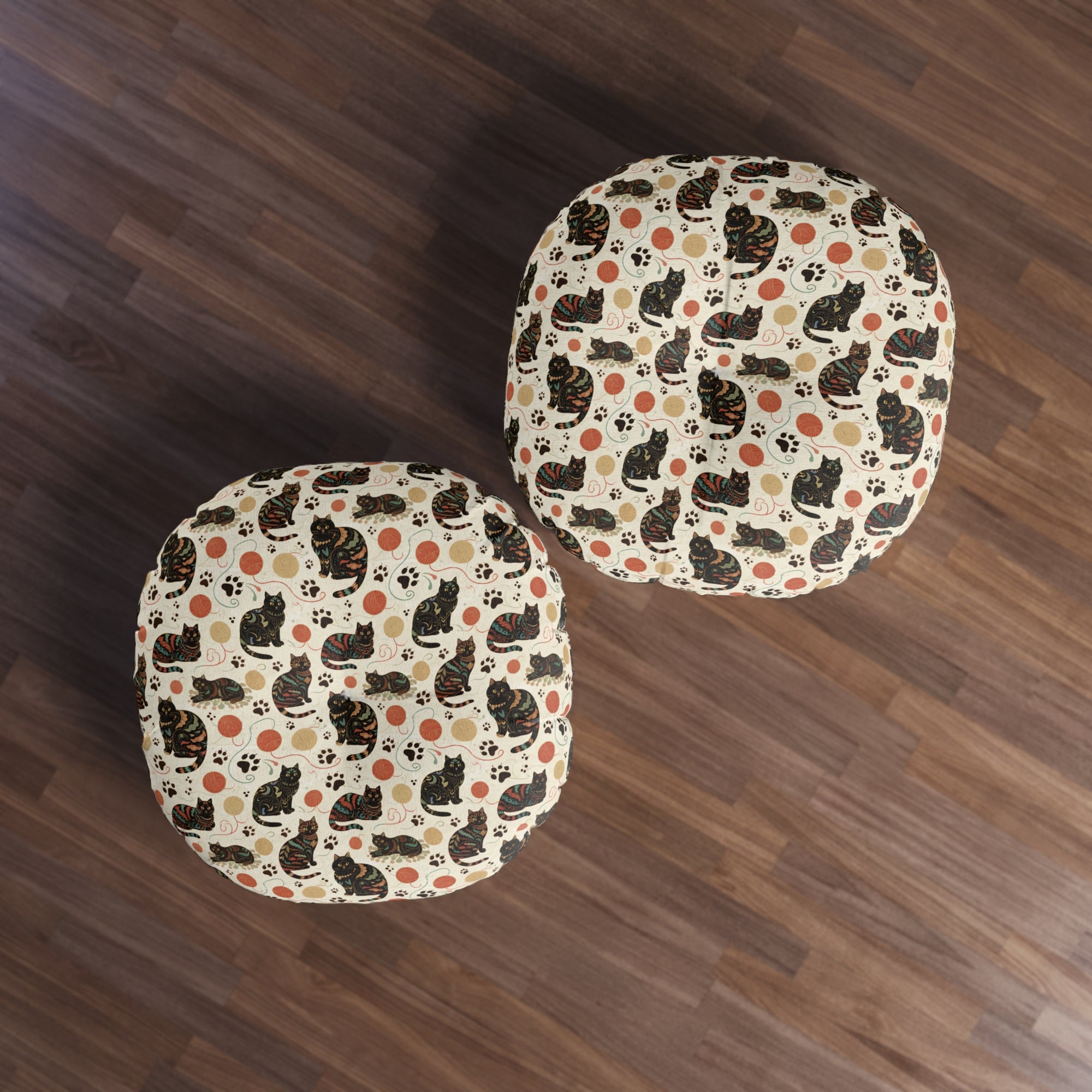 Indoor Round Floor Pillow - Intricate tribal patterned black cats, colorful folk art style, playful felines with yarn balls and paw prints, artistic and bohemian cat design, cream background, unique animal print