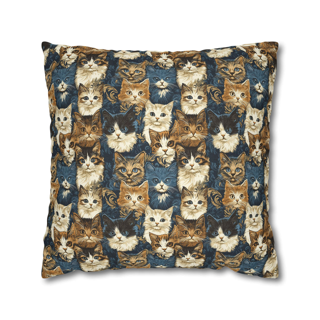 Square Pillowcase - Blue Eyed Cats with Brown and White Fur on a Deep Blue Damask Background