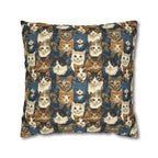 Square Pillowcase - Blue Eyed Cats with Brown and White Fur on a Deep Blue Damask Background