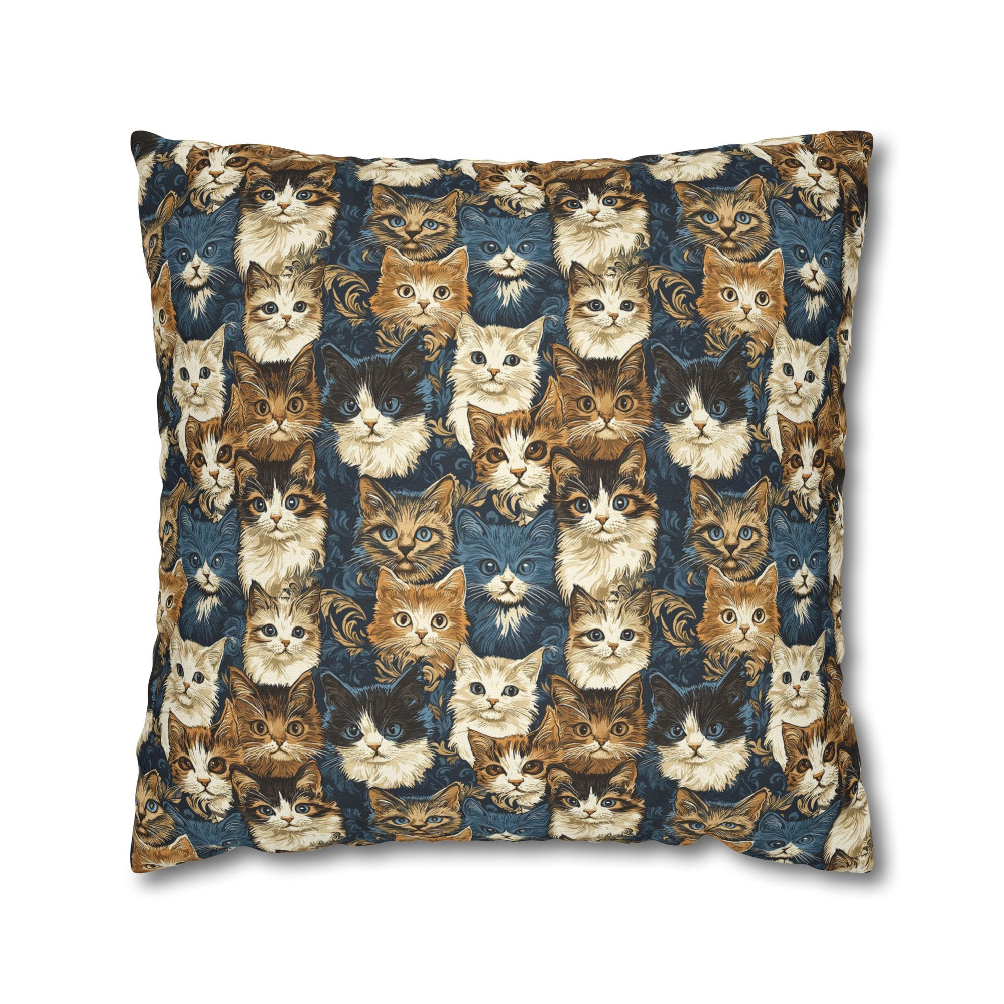 Square Pillowcase - Blue Eyed Cats with Brown and White Fur on a Deep Blue Damask Background