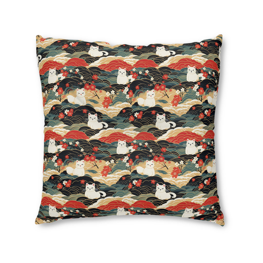 Indoor Square Floor Pillow - A beautiful, Japanese-inspired illustration of tranquil white cats resting on rolling clouds with vibrant red and white cherry blossoms.