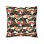 Indoor Square Floor Pillow - A beautiful, Japanese-inspired illustration of tranquil white cats resting on rolling clouds with vibrant red and white cherry blossoms.