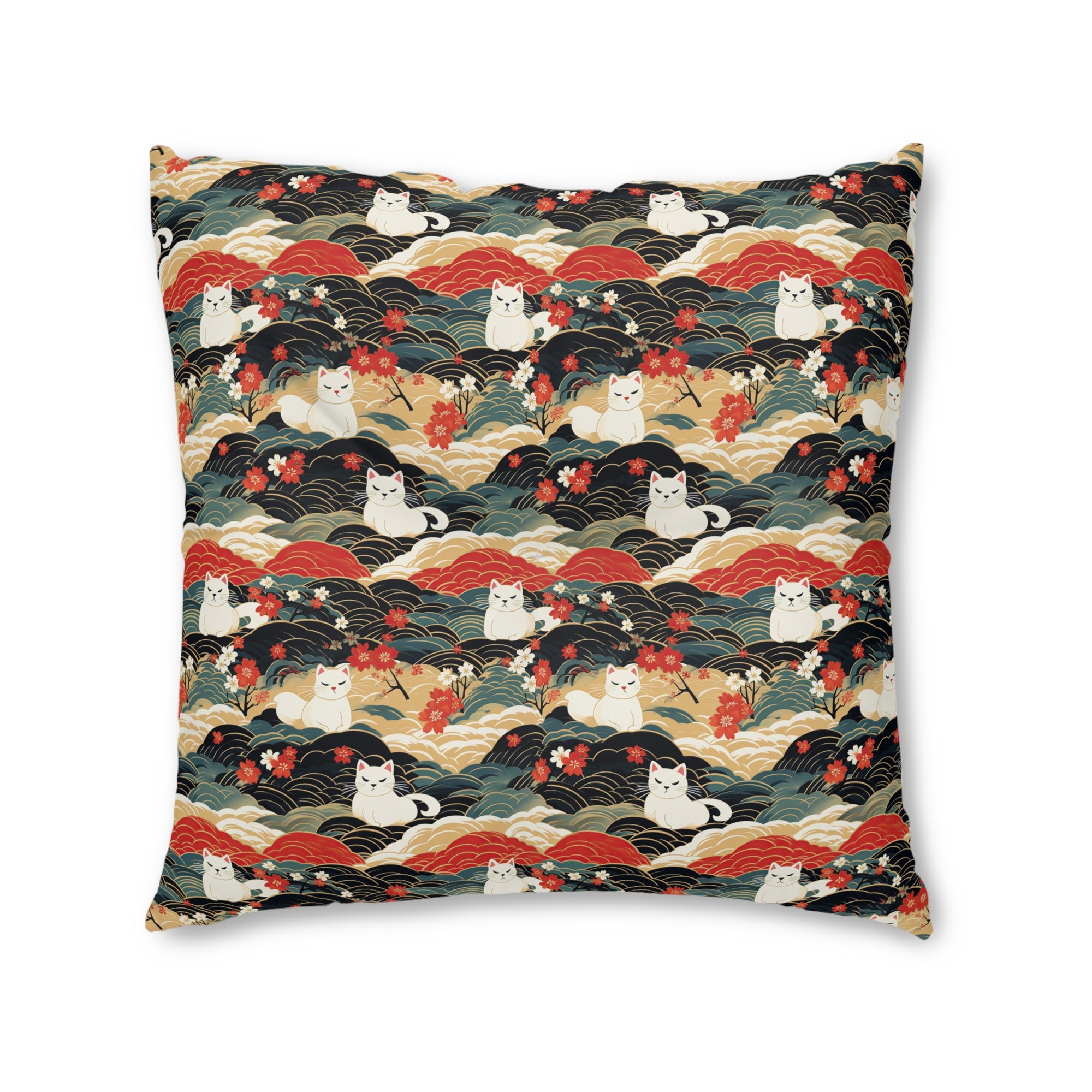 Indoor Square Floor Pillow - A beautiful, Japanese-inspired illustration of tranquil white cats resting on rolling clouds with vibrant red and white cherry blossoms.