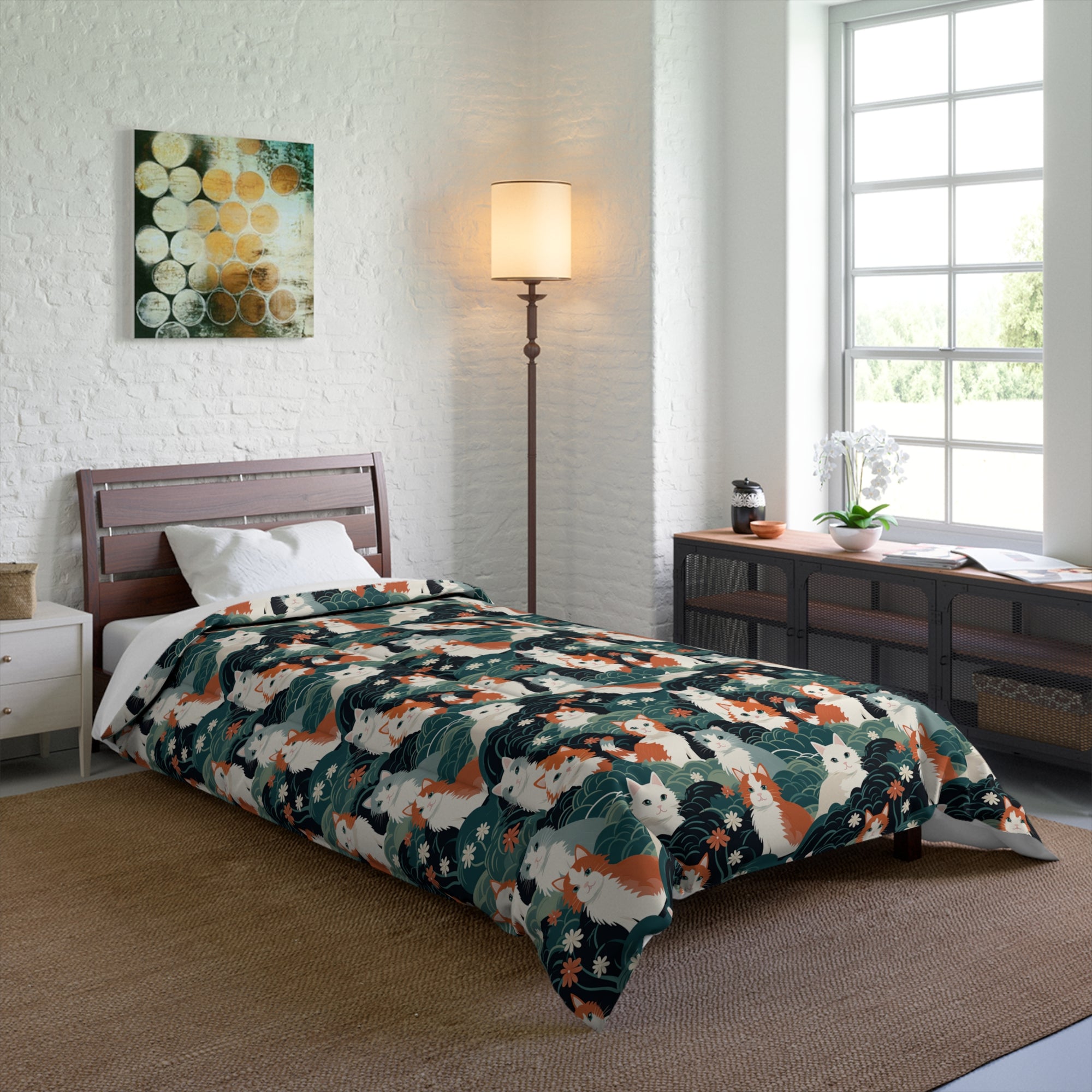 Comforter - A whimsical, fluffy, watercolor depiction of various cats of different colors peeking out from a dense dark blue and green bush with white flowers.