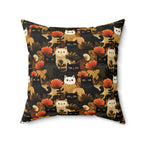 Indoor Square Pillow - A dark and fantastical illustrative painting of many different cats and plants, creating a dense, mysterious, and golden jungle or forest scene.