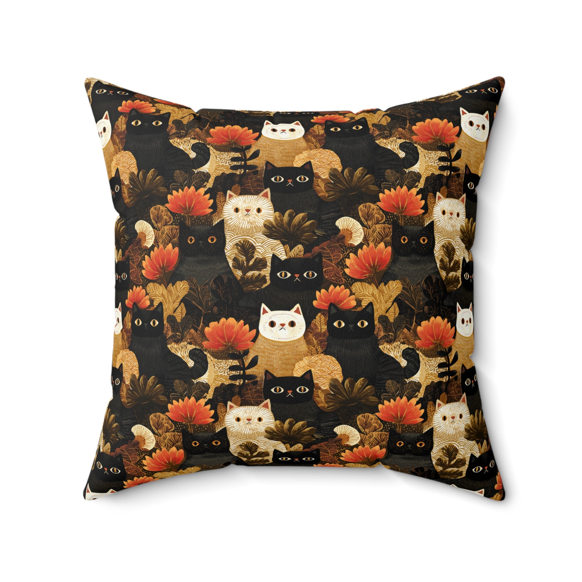 Indoor Square Pillow - A dark and fantastical illustrative painting of many different cats and plants, creating a dense, mysterious, and golden jungle or forest scene.