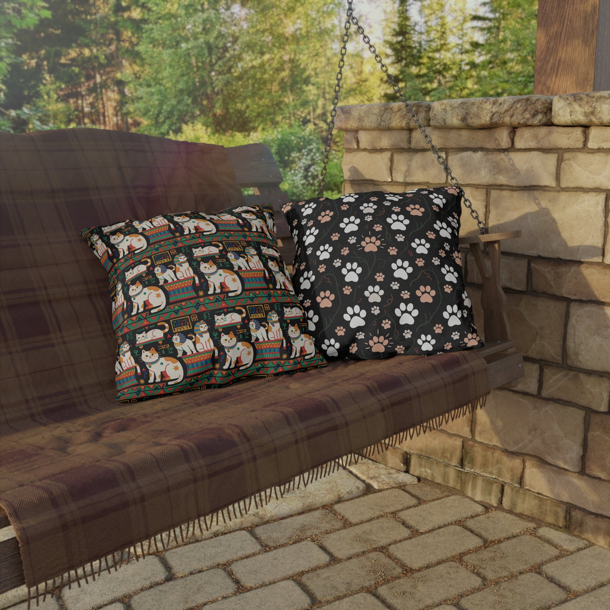 Outdoor Pillow - Ancient Egyptian Felines with Hieroglyphs and Colorful Borders Adorn this Playful and Culturally Rich Cat Pattern