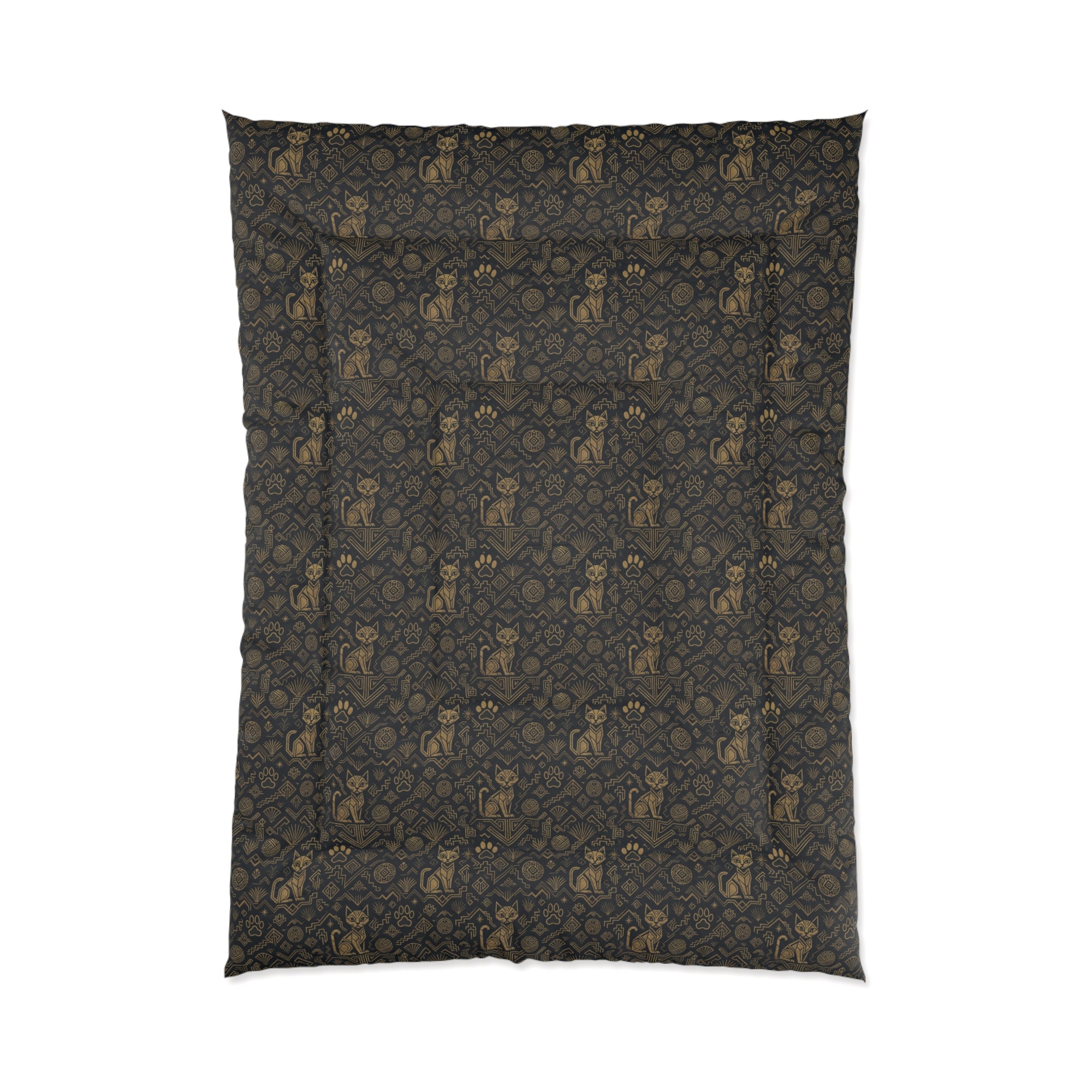 Comforter - Art Deco Inspired Golden Cat Silhouettes and Geometric Patterns Create a Sophisticated and Stylized Modern Design