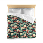 Duvet Cover - A dramatic and powerful Japanese woodblock print-style illustration of cats amidst powerful waves, red flowers, and white cherry blossoms.