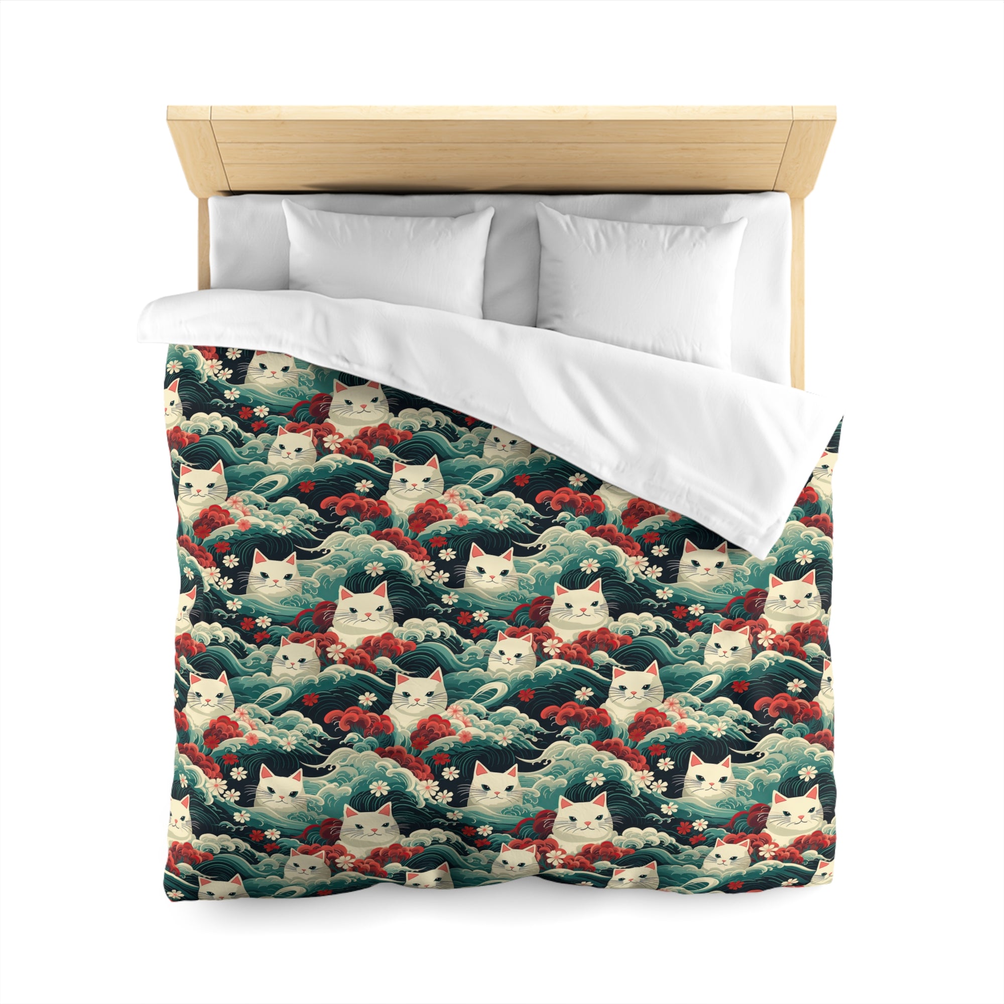 Duvet Cover - A dramatic and powerful Japanese woodblock print-style illustration of cats amidst powerful waves, red flowers, and white cherry blossoms.