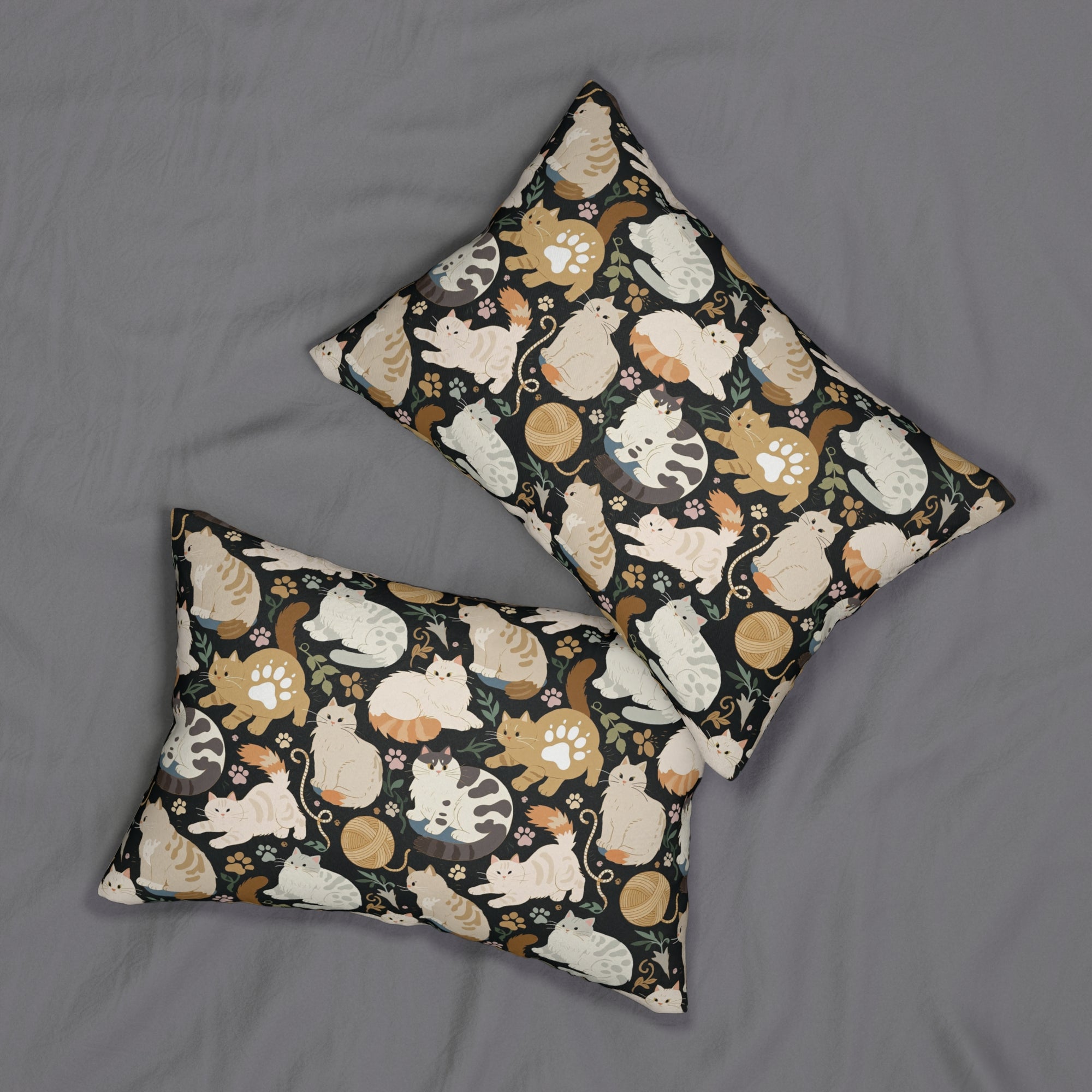 Indoor Lumbar Pillow - Diverse cats and kittens in a dark garden, various breeds and colors, soft natural tones with foliage and paw prints, charming animal illustration, dark background, gentle pet themed art