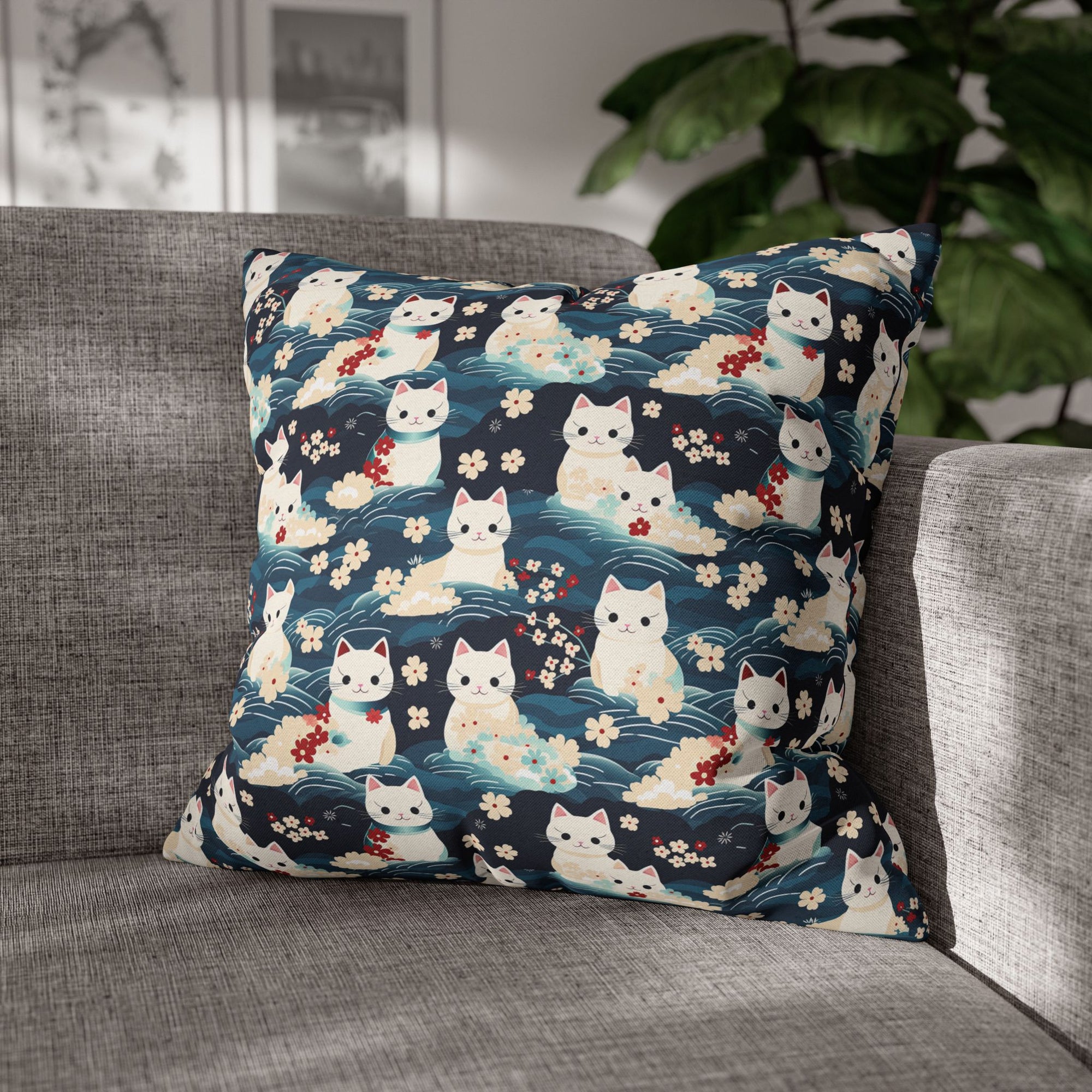 Square Pillowcase - A lovely, playful, Japanese-inspired illustration of sweet white cats sitting on rolling blue waves with red and white flowers and gentle clouds.