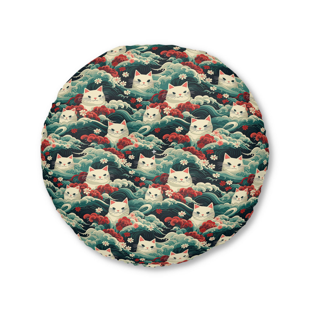 Indoor Round Floor Pillow - A dramatic and powerful Japanese woodblock print-style illustration of cats amidst powerful waves, red flowers, and white cherry blossoms.