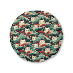 Indoor Round Floor Pillow - A dramatic and powerful Japanese woodblock print-style illustration of cats amidst powerful waves, red flowers, and white cherry blossoms.
