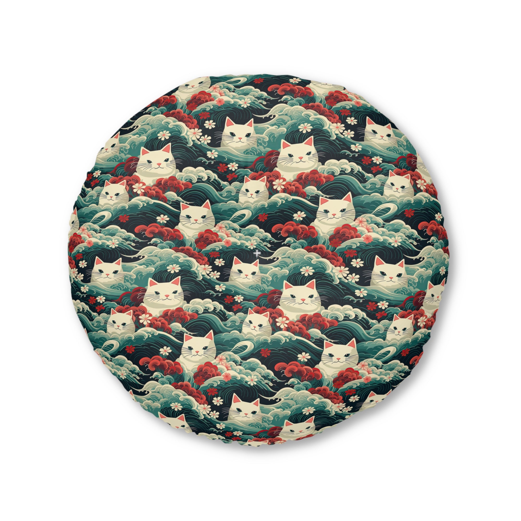 Indoor Round Floor Pillow - A dramatic and powerful Japanese woodblock print-style illustration of cats amidst powerful waves, red flowers, and white cherry blossoms.